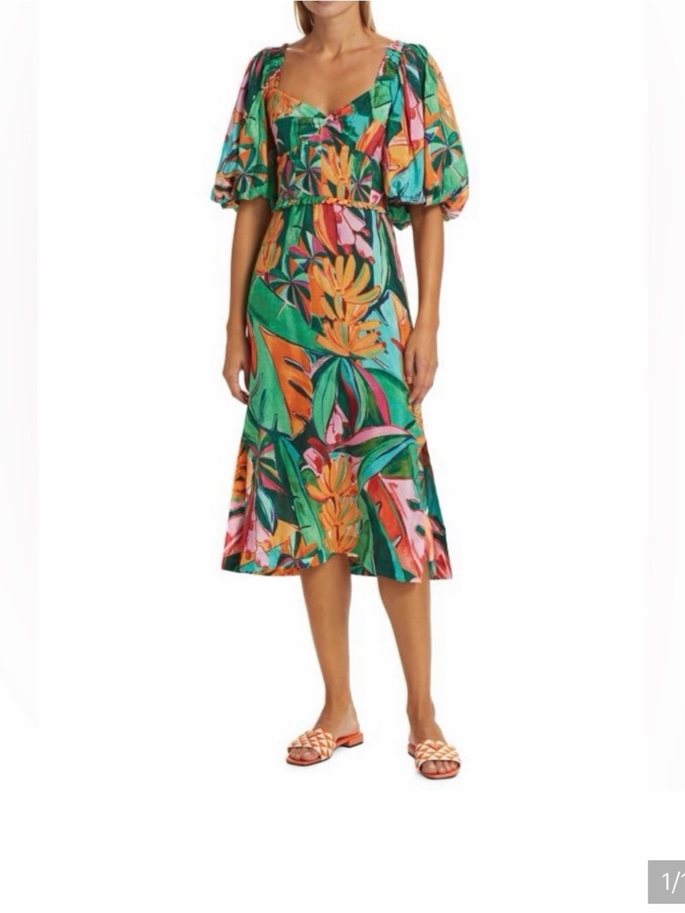 FARM Rio Green Tropical-Print Puff-Sleeve Midi Dress with Orange Accents